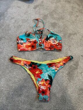 Turquoise Floral Lace-Up Bikini Set
